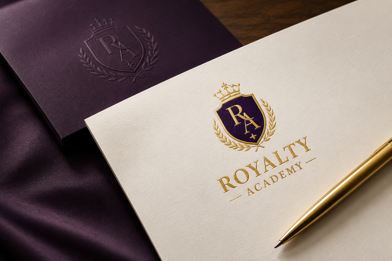 Royalty Academy branded materials and stationery